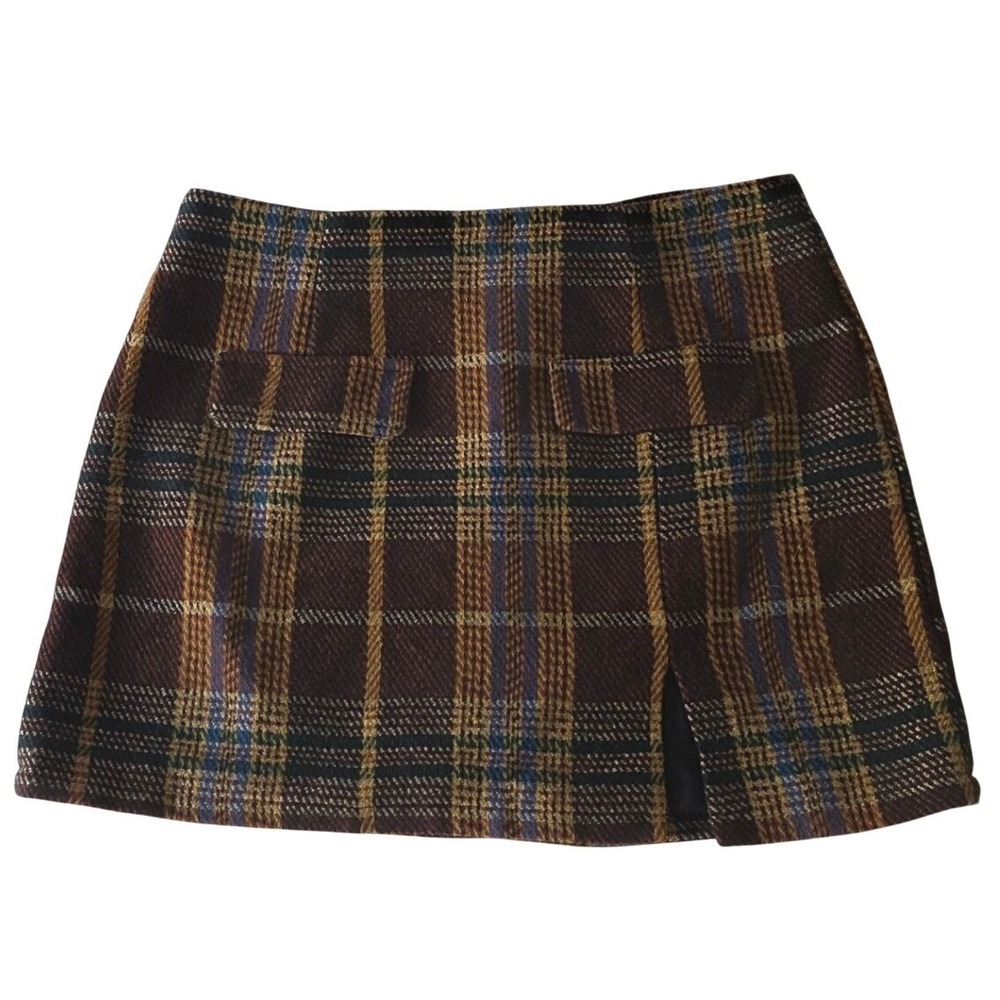 Brown Plaid Tweed High Waisted Mini Skirt L/XL Academic Preppy Unknown Brand